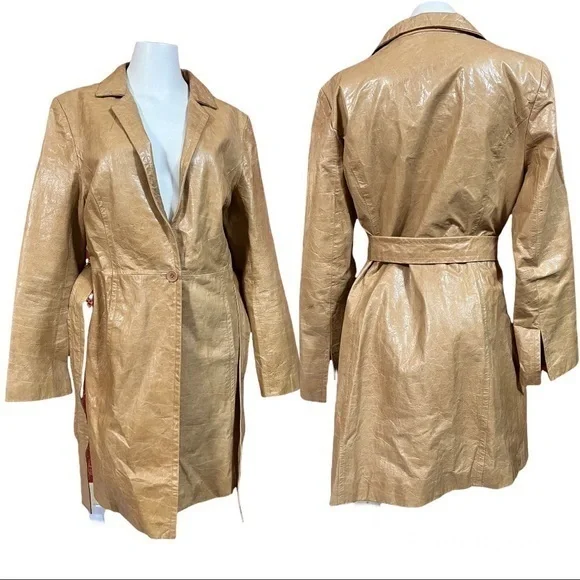 EXPRESS Y2K Vintage Camel Tan Belted Leather Jacket Trench Coat 12